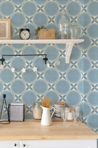 Light farmhouse style kitchen decorated with Blue geometric circles peel and stick wallpaper