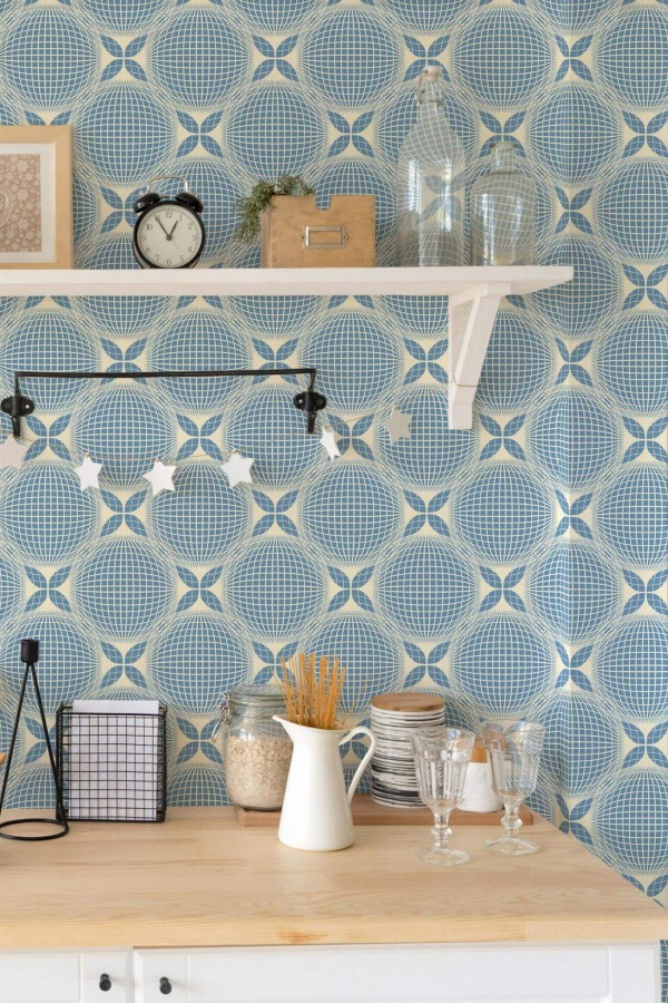 Light farmhouse style kitchen decorated with Blue geometric circles peel and stick wallpaper
