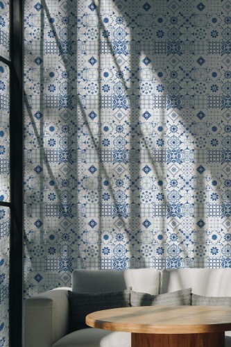 Scandinavian style living room decorated with Blue Mediterranean Tile peel and stick wallpaper