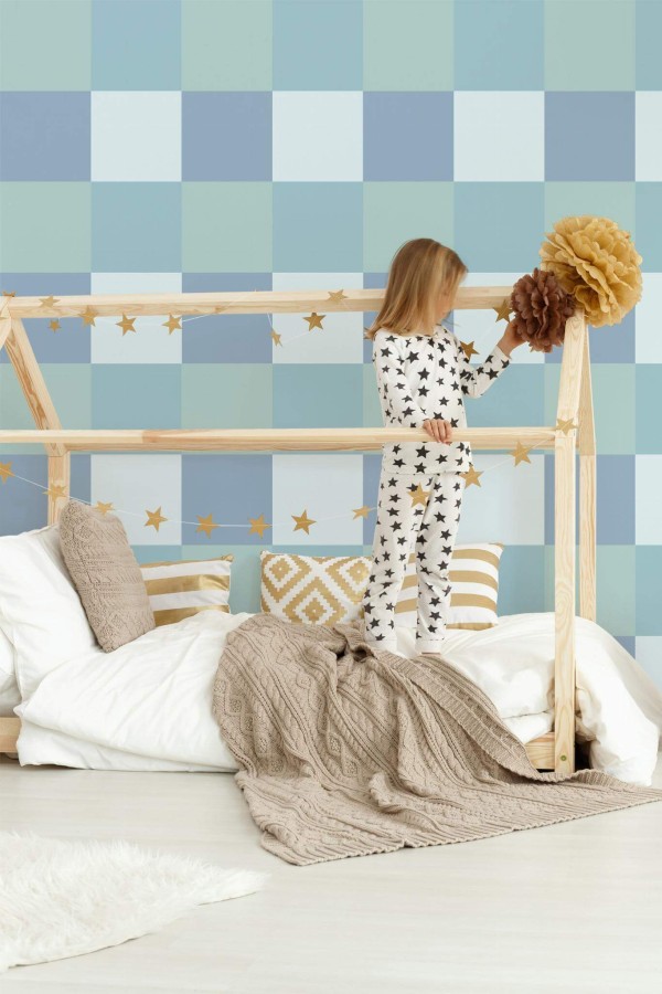 Bohemian style kids room decorated with Blue square peel and stick wallpaper