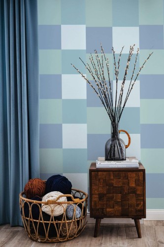 Coastal style living room decorated with Blue square peel and stick wallpaper