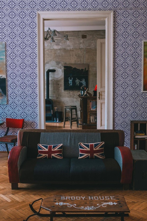 Industrial rustic style living dining room decorated with Blue tile pattern peel and stick wallpaper