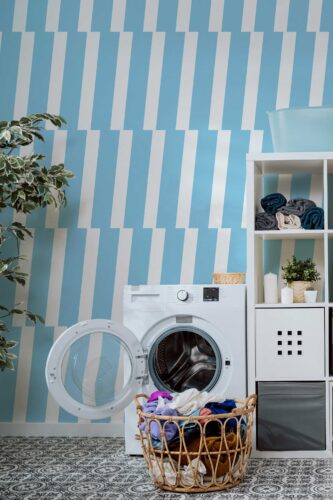 Fancy Walls peel and stick wallpaper in modern blue and white broken lines