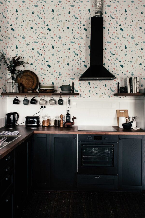 Fancy Walls self-adhesive wallpaper featuring blush and teal terrazzo chips