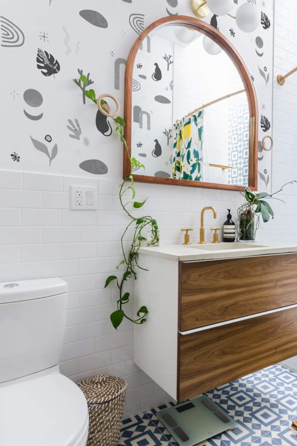 Boho scandinavian style powder room decorated with Boho abstract drawing peel and stick wallpaper