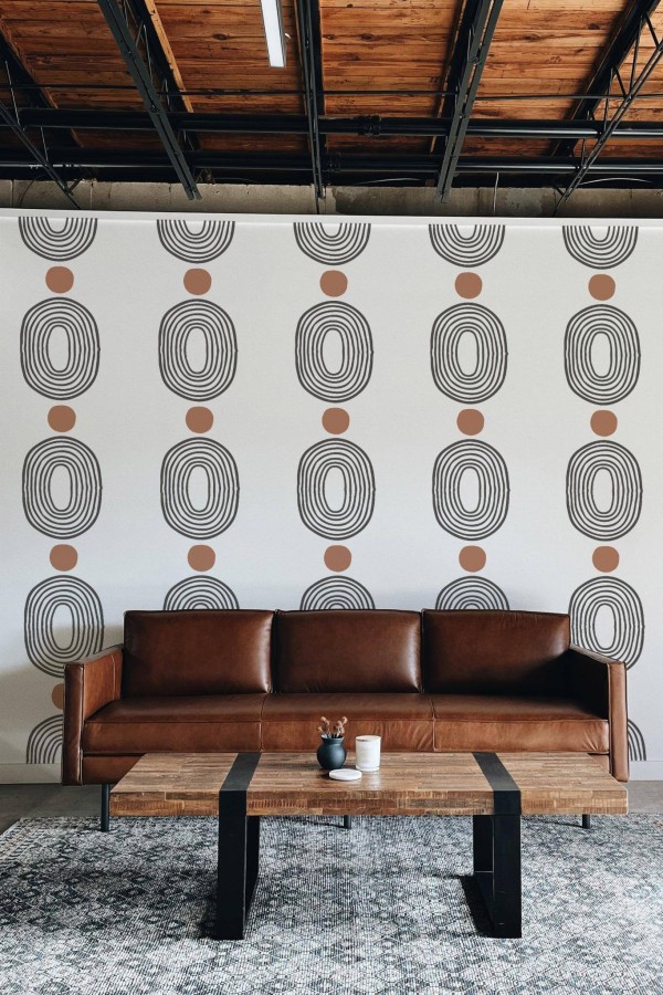 Industrial rustic style living room decorated with Boho abstract shapes peel and stick wallpaper