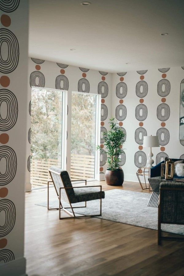Modern style living room decorated with Boho abstract shapes peel and stick wallpaper