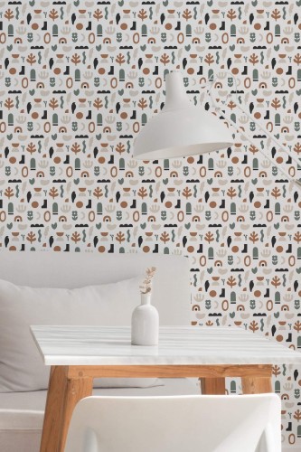 Minimal style dining room decorated with Boho shapes peel and stick wallpaper