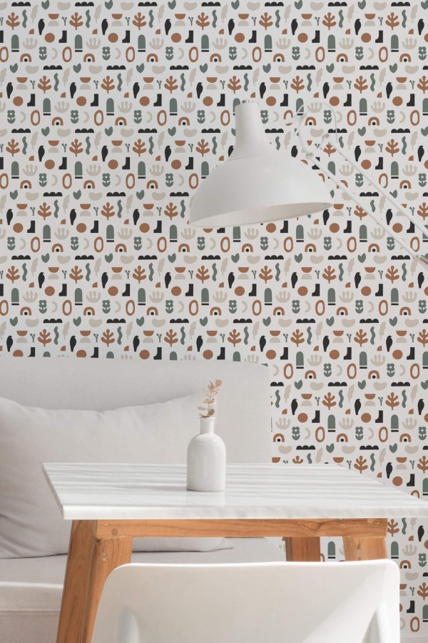 Minimal style dining room decorated with Boho shapes peel and stick wallpaper