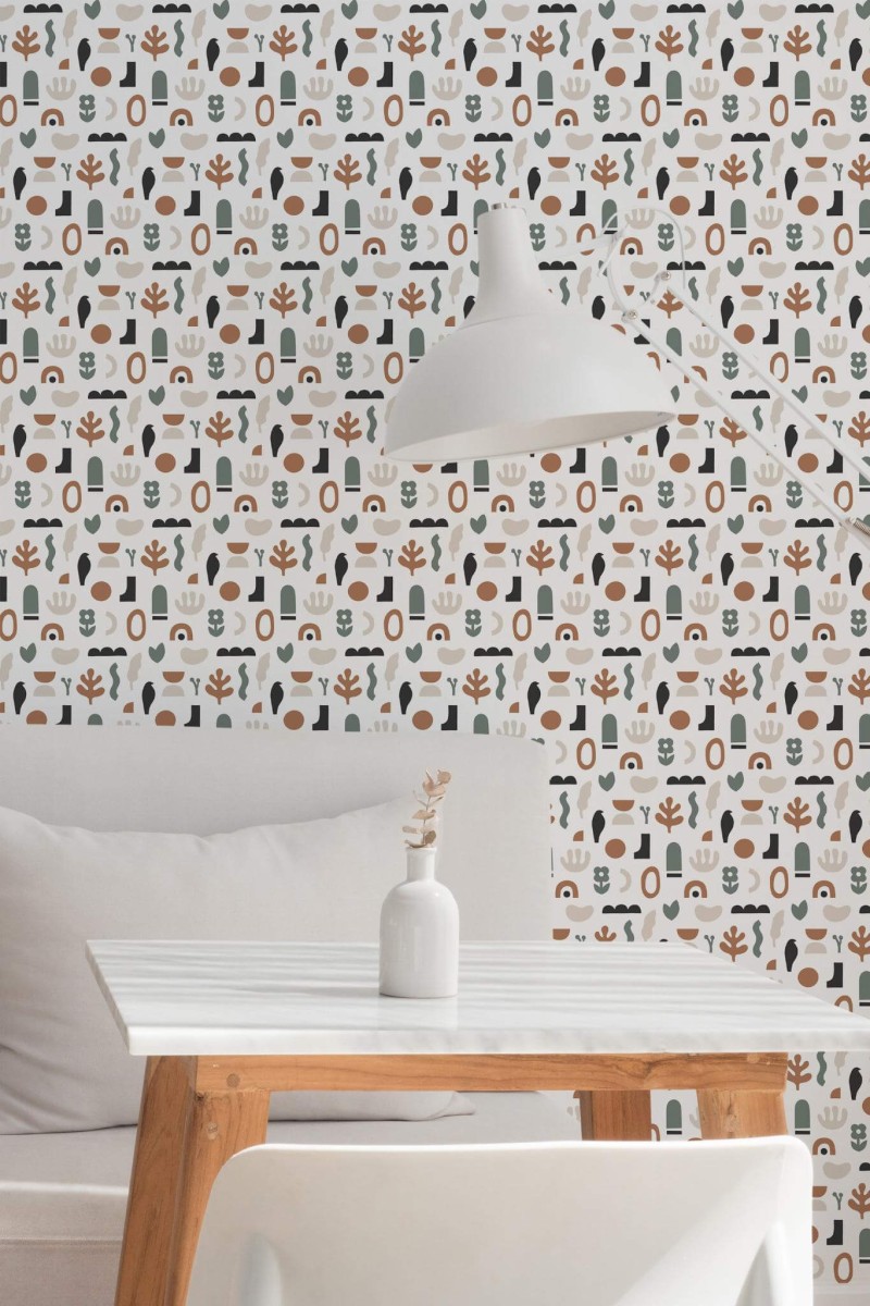 Minimal style dining room decorated with Boho shapes peel and stick wallpaper