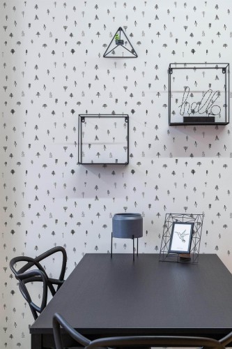 Industrial modern style dining room decorated with Boho small trees peel and stick wallpaper