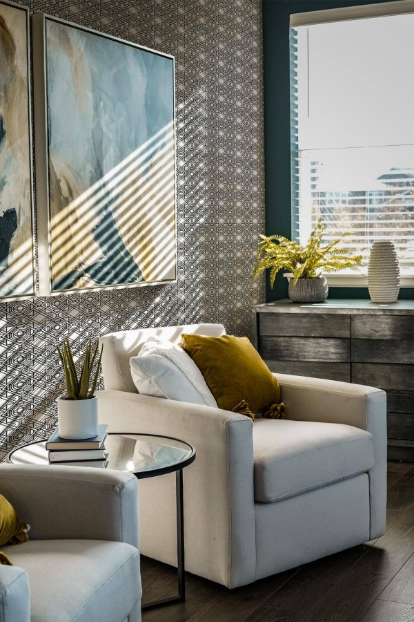 Shabby chic style living room decorated with Bold Art deco peel and stick wallpaper