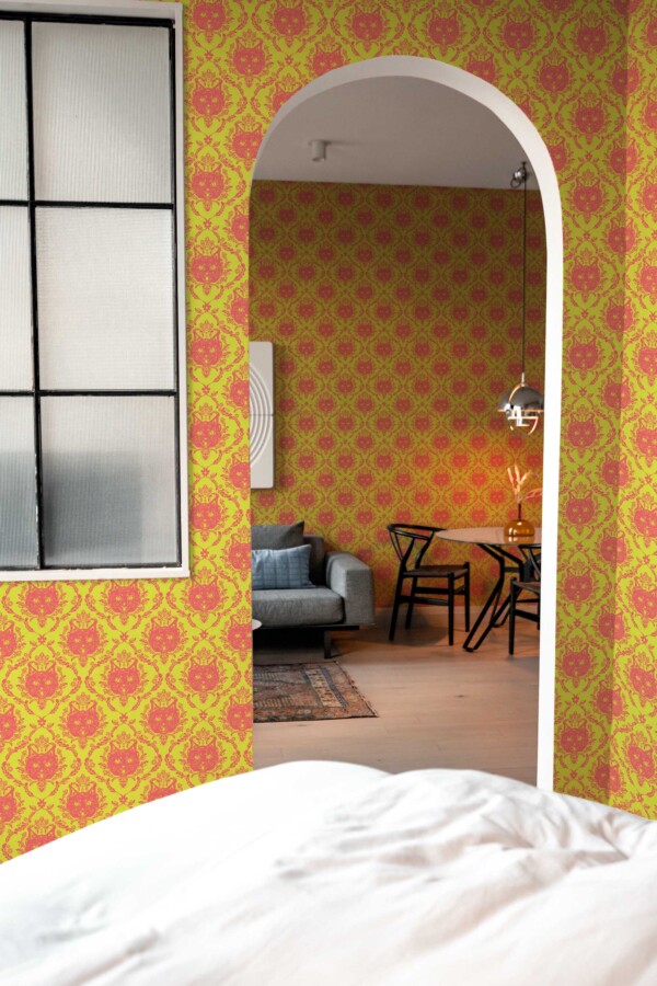 Fancy Walls chartreuse cat peel and stick wallpaper with pink damask pattern