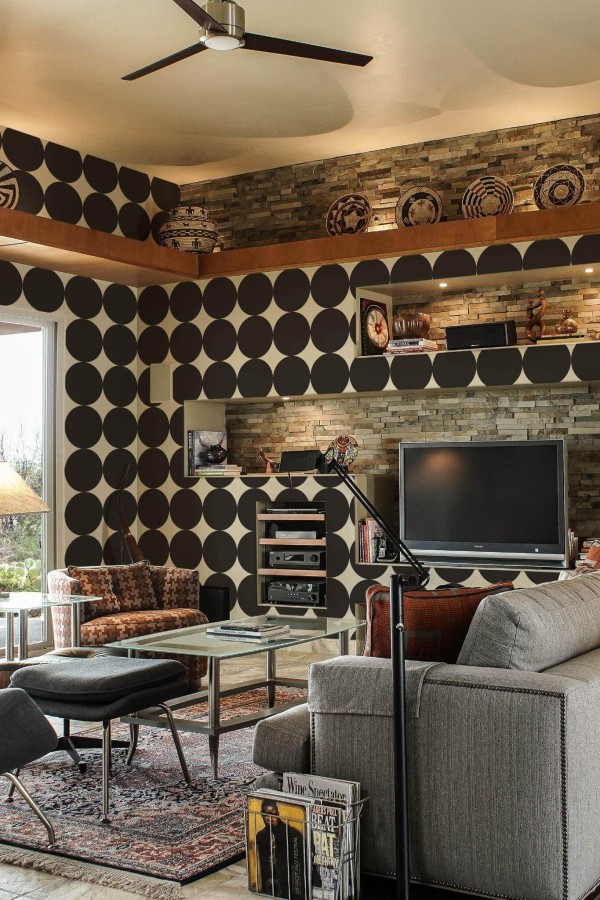 Scandinavian style living room decorated with Bold circle peel and stick wallpaper and Mediterranean accents