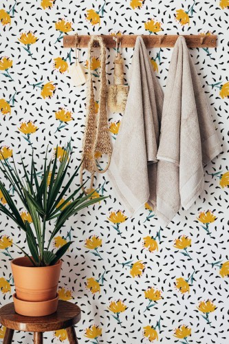 Boho style bathroom decorated with Bold floral peel and stick wallpaper