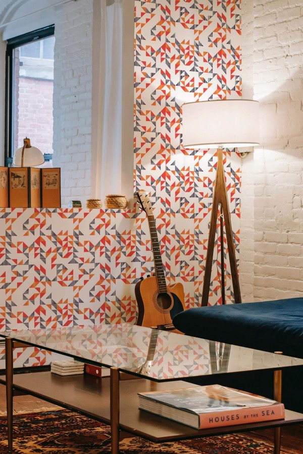 Eclectic style music room decorated with Bold geometric triangle peel and stick wallpaper