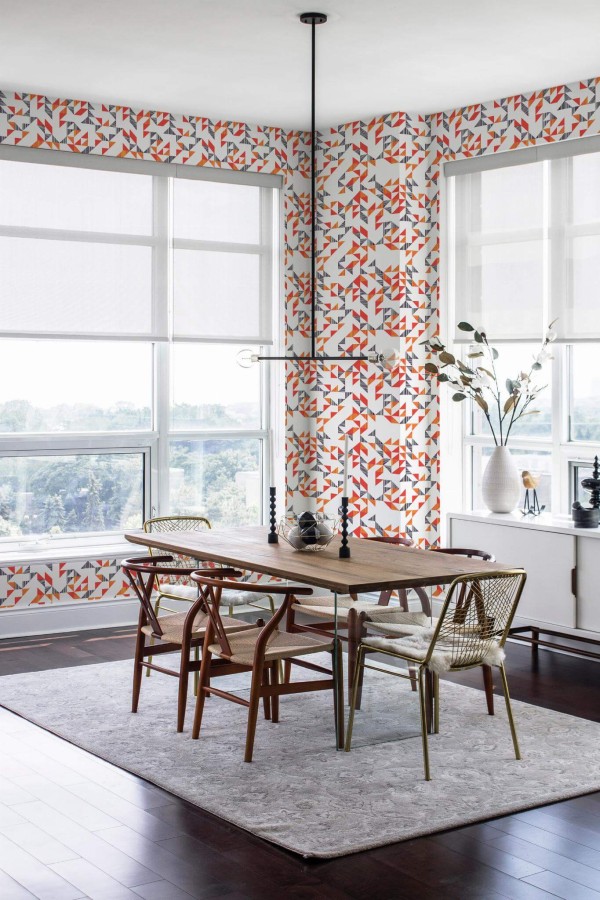 Modern minimalist style dining room decorated with Bold geometric triangle peel and stick wallpaper