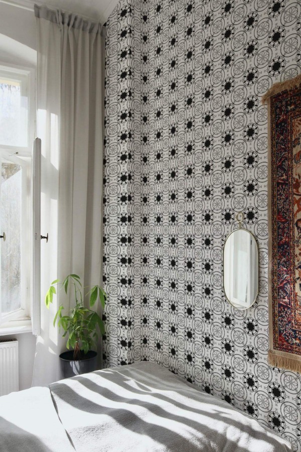 Bohemian style bedroom decorated with Bold oriental peel and stick wallpaper