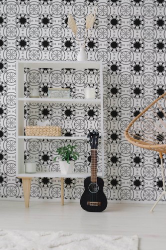 Minimal boho style living room decorated with Bold oriental peel and stick wallpaper