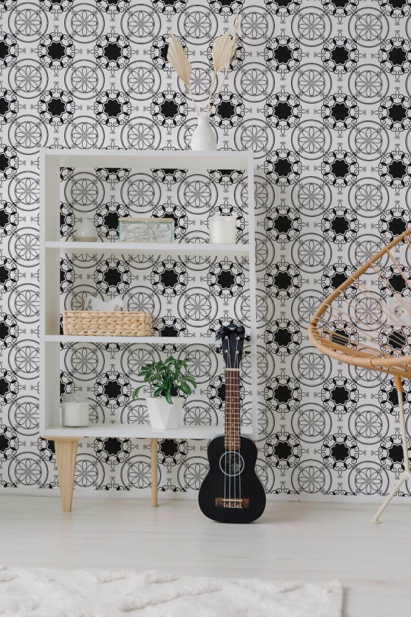 Minimal boho style living room decorated with Bold oriental peel and stick wallpaper