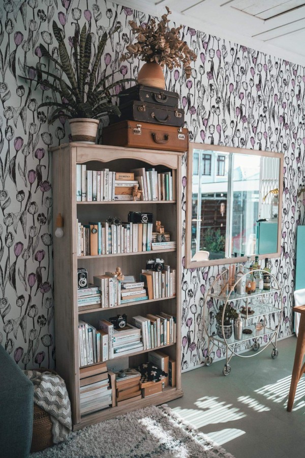 Farmhouse style living room decorated with Bold tulip flower peel and stick wallpaper