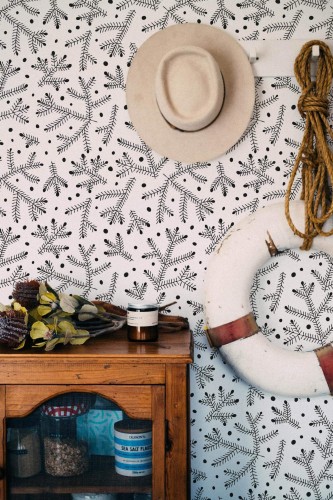 Coastal nautical style living room decorated with Branches and dots peel and stick wallpaper