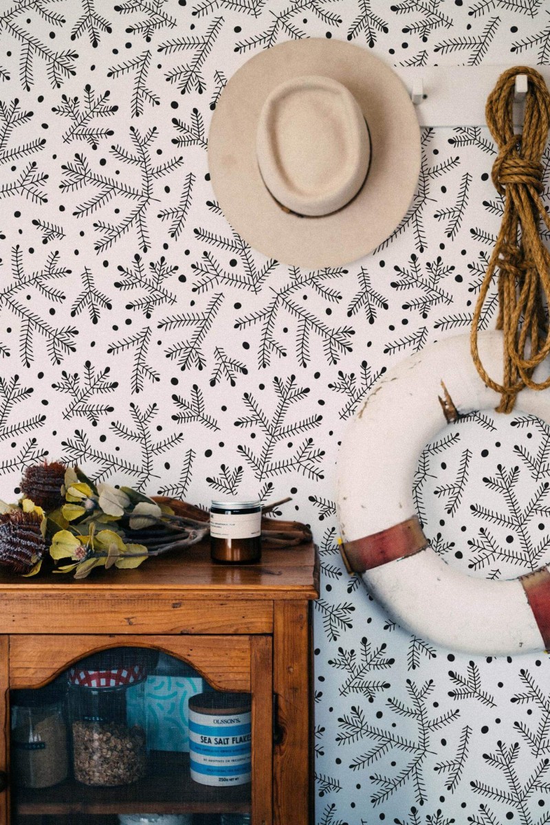 Coastal nautical style living room decorated with Branches and dots peel and stick wallpaper