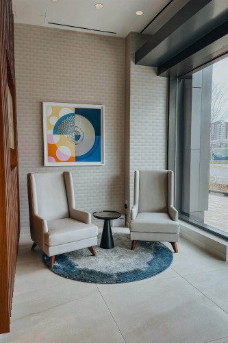 Mid-century modern style living room decorated with Brick peel and stick wallpaper