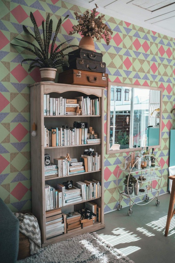 Farmhouse style living room decorated with Bright colorful geometric peel and stick wallpaper