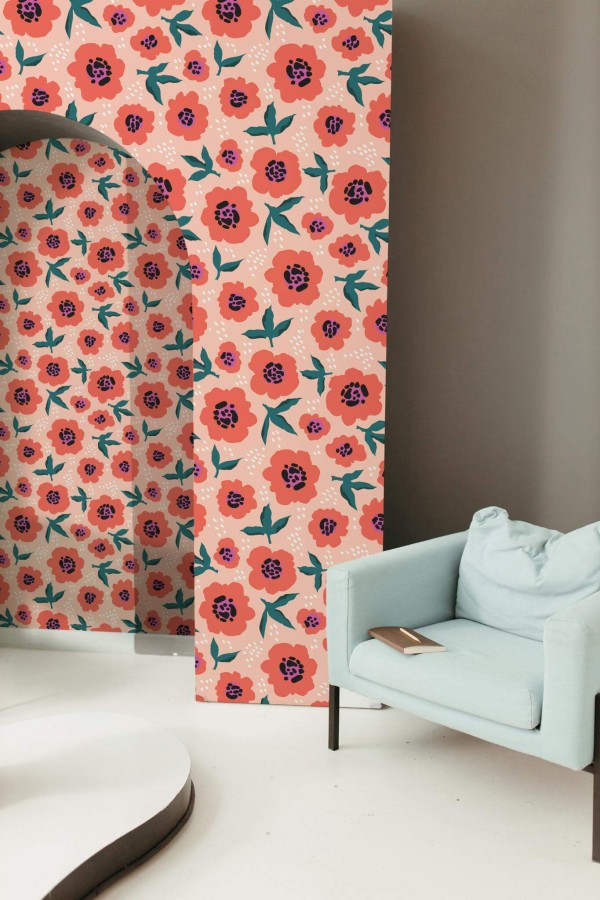 Mondern boho style living room decorated with Bright seamless floral peel and stick wallpaper