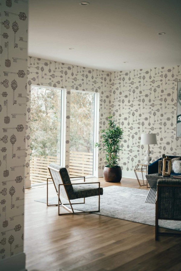 Modern style living room decorated with Brown and beige key peel and stick wallpaper