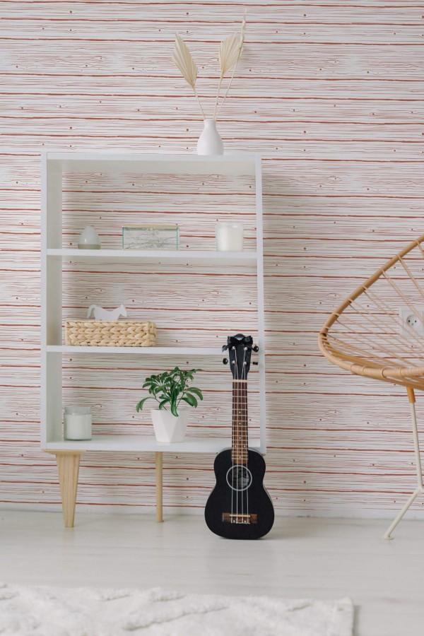 Minimal boho style living room decorated with Brown wood pattern peel and stick wallpaper