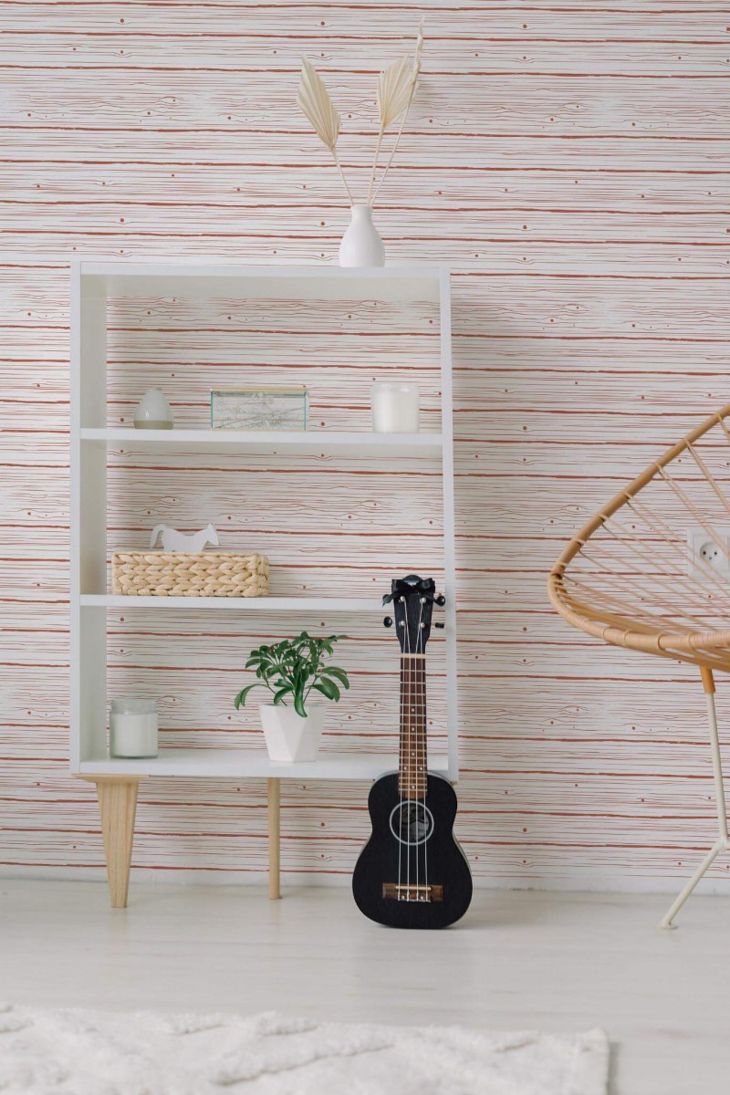 Minimal boho style living room decorated with Brown wood pattern peel and stick wallpaper