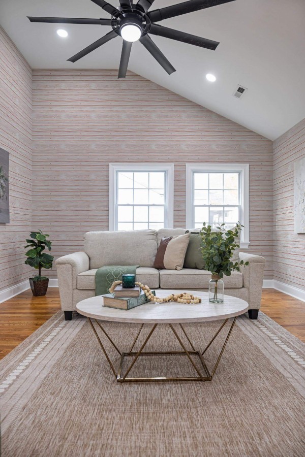 Scandinavian style living room decorated with Brown wood pattern peel and stick wallpaper