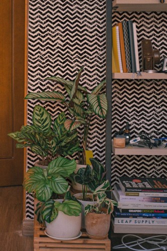 Southwestern style living room decorated with Brush stroke chevron peel and stick wallpaper