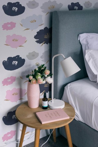 Rustic style bedroom decorated with Brush stroke floral peel and stick wallpaper