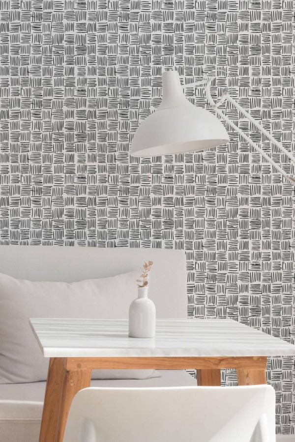Minimal style dining room decorated with Brush stroke lines peel and stick wallpaper