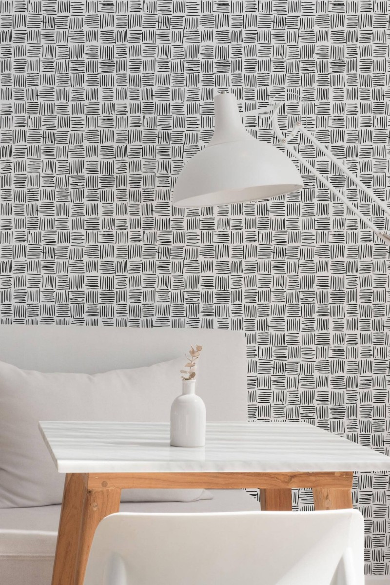 Minimal style dining room decorated with Brush stroke lines peel and stick wallpaper