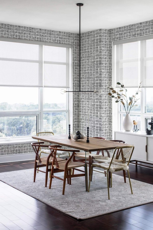 Modern minimalist style dining room decorated with Brush stroke lines peel and stick wallpaper