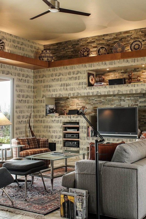 Scandinavian style living room decorated with Brush stroke peel and stick wallpaper and Mediterranean accents