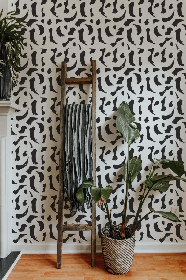 Scandinavian style living room decorated with Brush stroke shapes peel and stick wallpaper