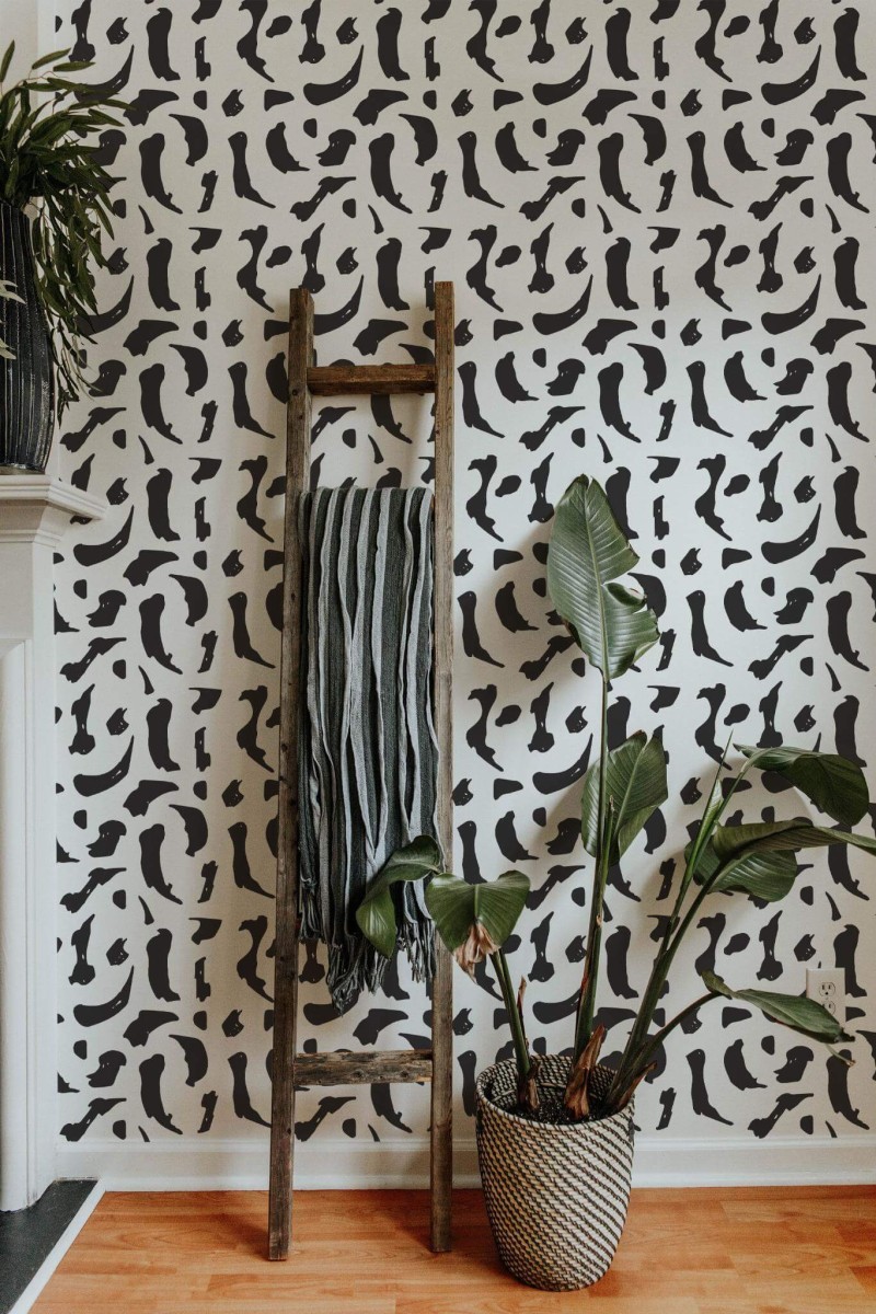Scandinavian style living room decorated with Brush stroke shapes peel and stick wallpaper