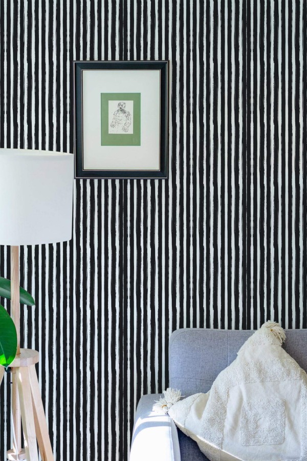 Eastern European style living room decorated with Brush stroke stripes peel and stick wallpaper