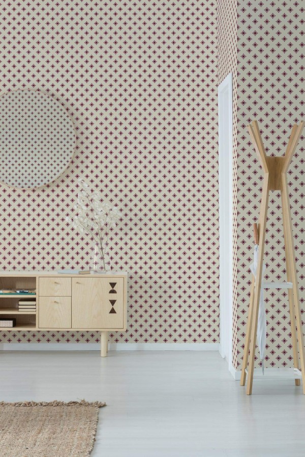 Minimal style entryway decorated with Burgundy and beige star peel and stick wallpaper