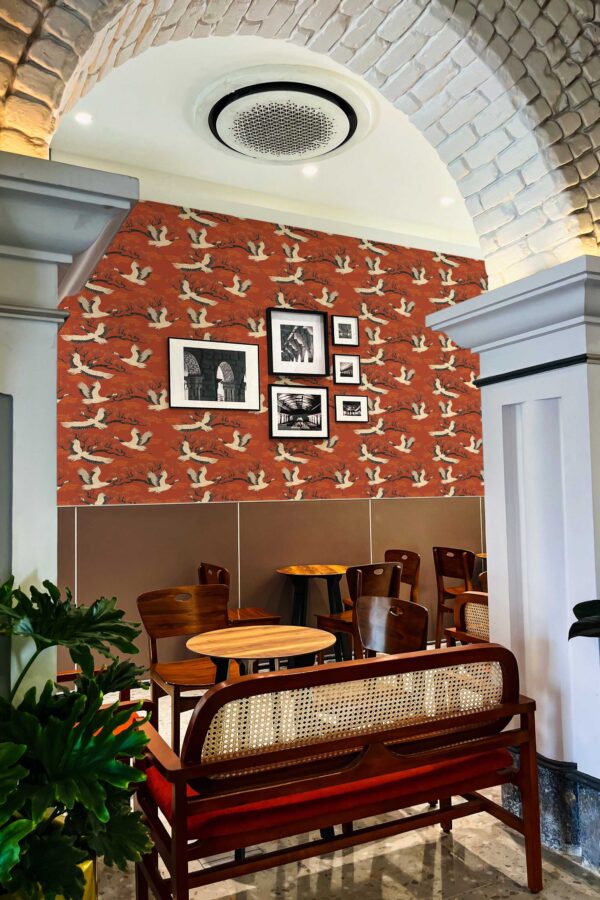 Burnt orange peel and stick wallpaper with storks by Fancy Walls