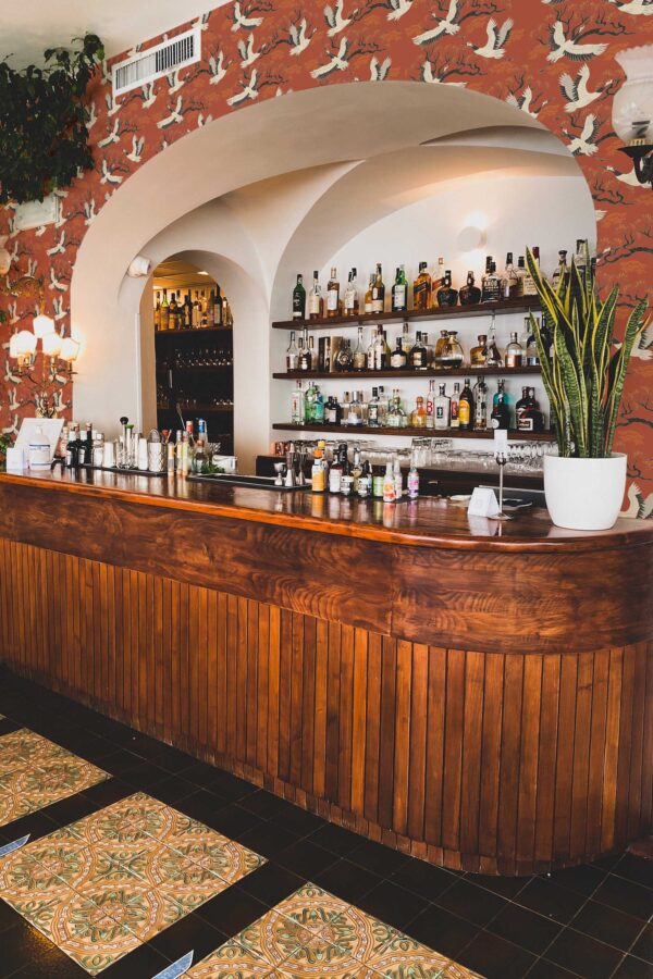 Removable wallpaper with brownish burnt orange stork design by Fancy Walls