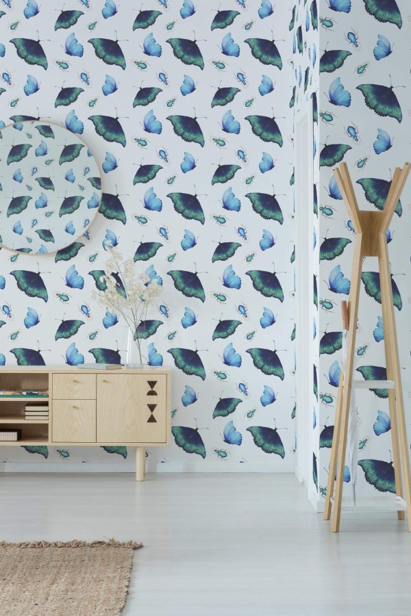 Minimal style entryway decorated with Butterfly peel and stick wallpaper