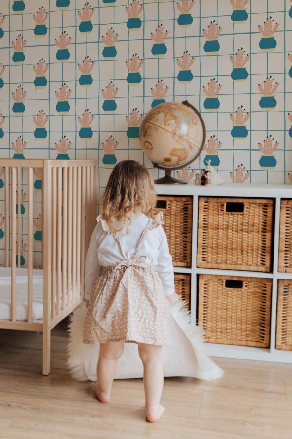 Gender neutral style kids room decorated with Cactus plant peel and stick wallpaper