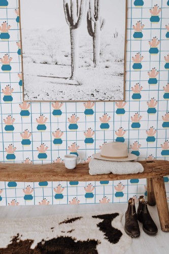 Scandinavian style entryway decorated with Cactus plant peel and stick wallpaper
