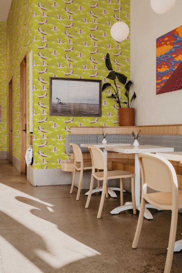 Fancy Walls self-adhesive wallpaper featuring flying storks in chinoiserie style